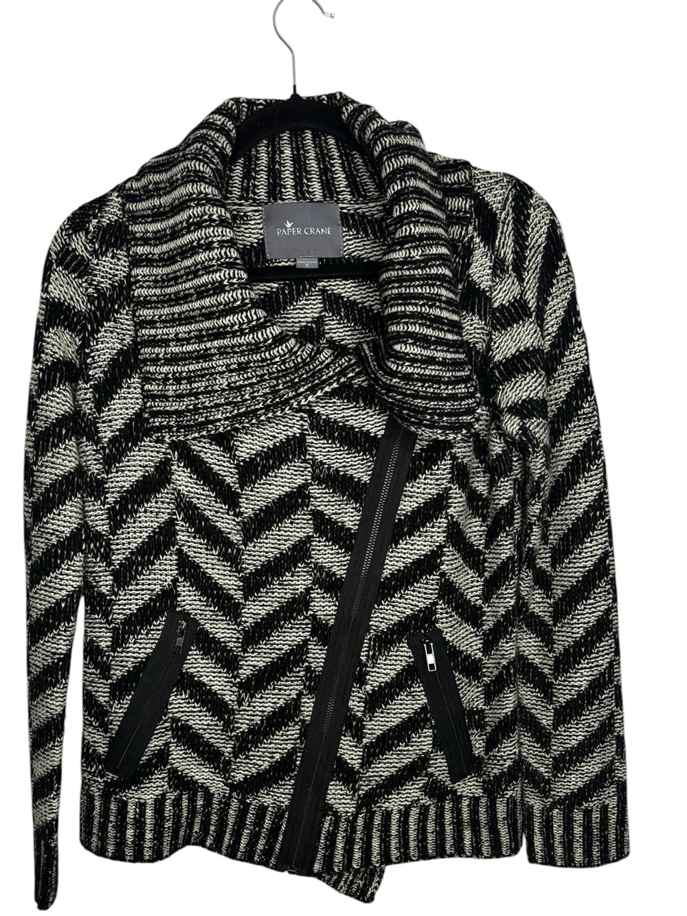 Paper Crane Black and White Knitted Moto Cardigan Asymmetrical Front Size Small